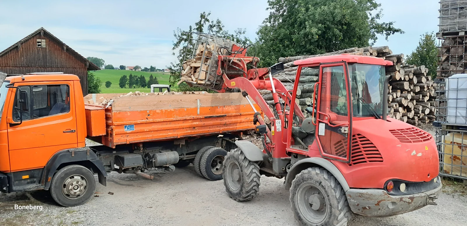 Verladung von Brennholz aus Lagerboxen auf den LKW für die lose Auslieferung